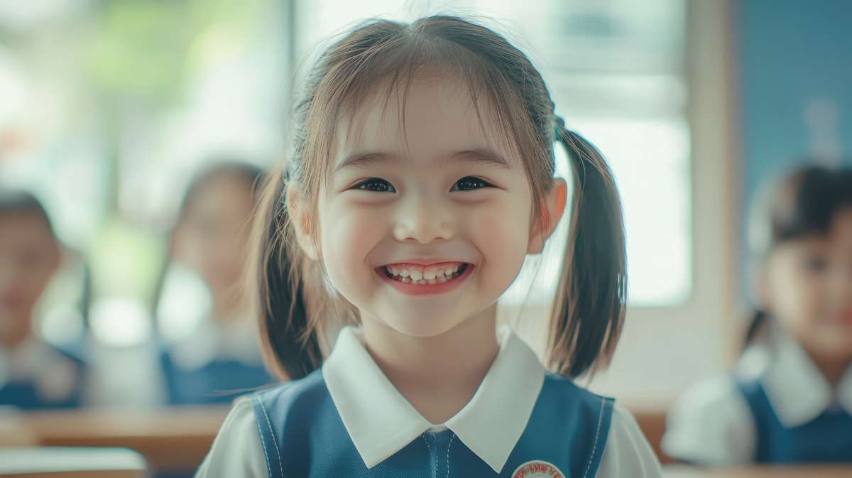 教室で座っている笑顔の幼稚園児